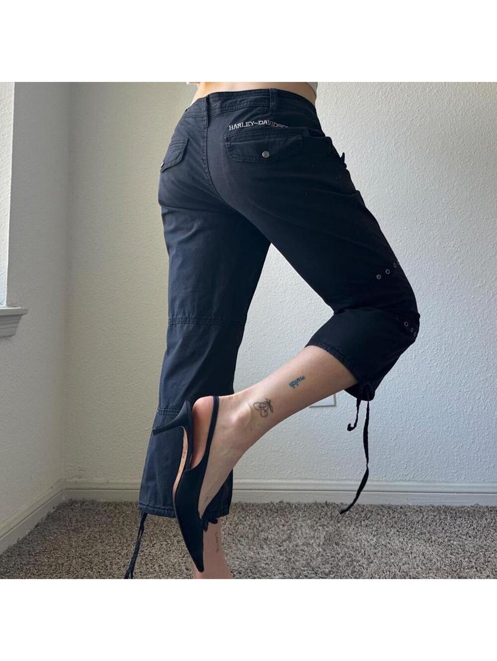 y2k Harley Davidson black low rise wide leg flare cropped cargo capris